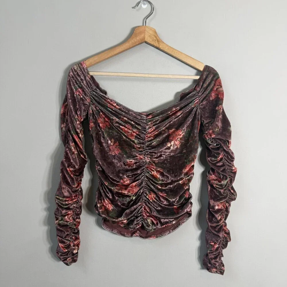 Free People Reina Floral Velvet Off the Shoulder Top Women's Small Brown Ruched